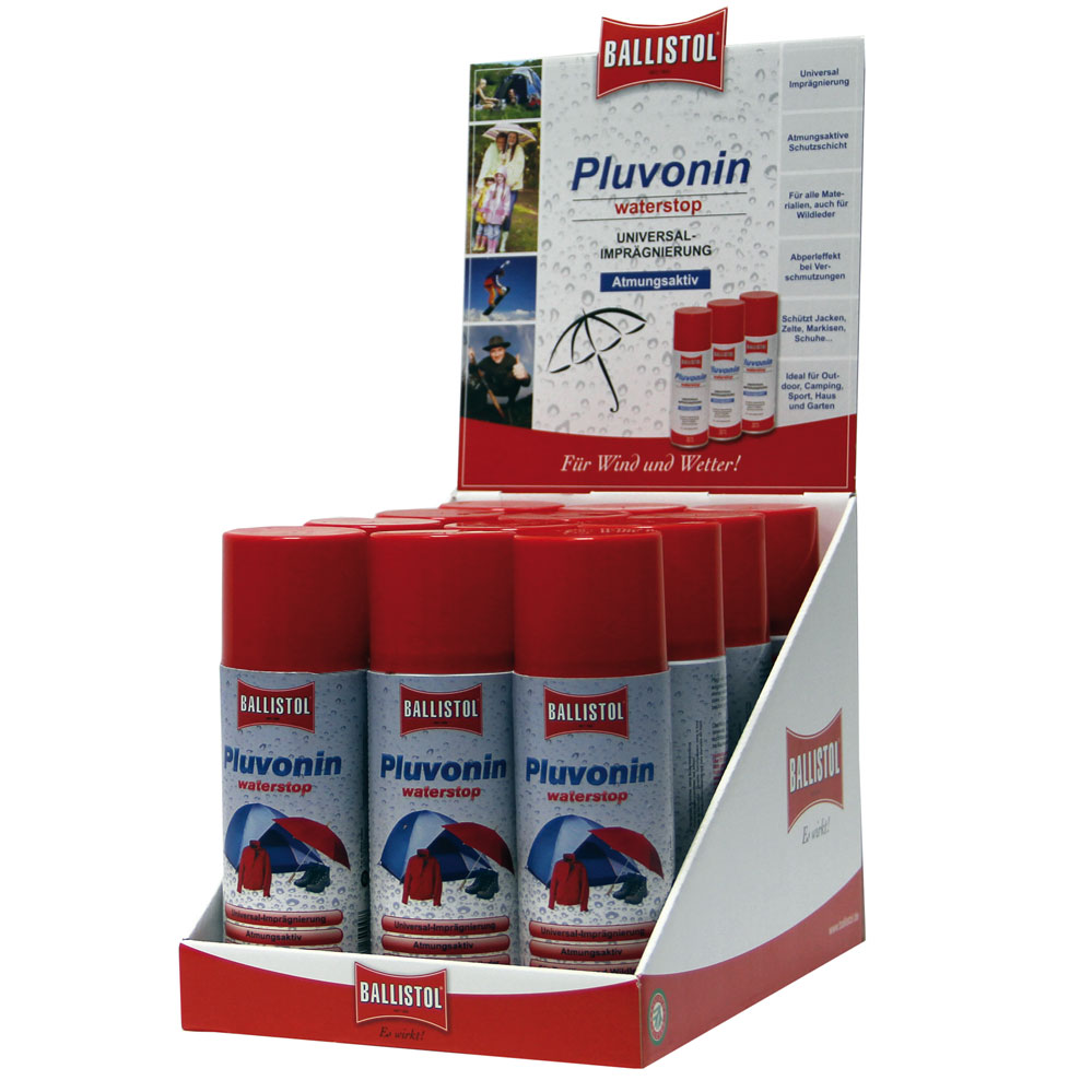 BALLISTOL-Pluvonin-Waterstop-Imprägnierspray Display mit 12 x 200 ml. Spray